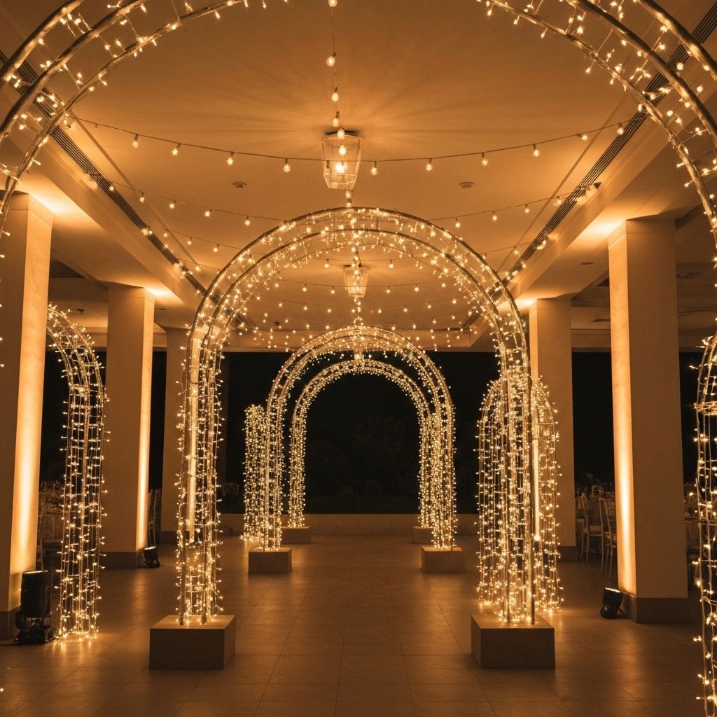 Elegant wedding venue lighting with warm ambiance